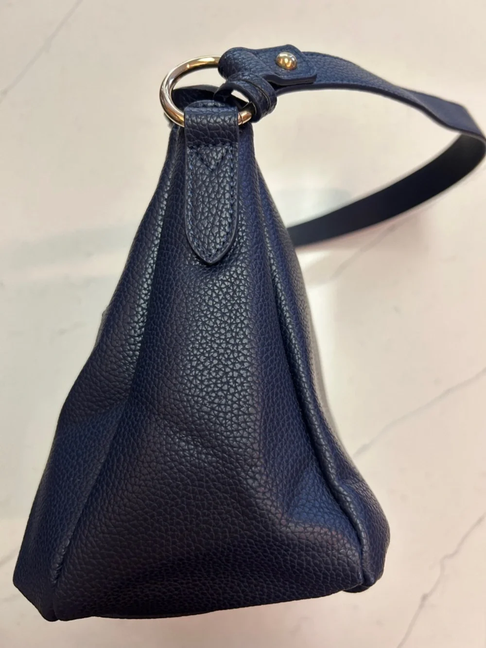 Bostanten Pebbled Navy Shoulder Bag with Gold Charm